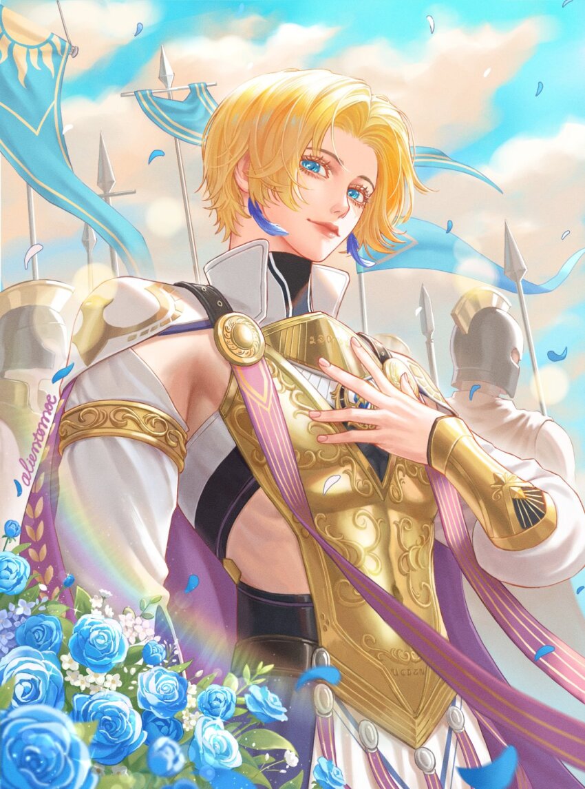 1boy, 2others, alientomoe, armor, armpit_cutout, avidius_(wuthering_waves), banner, battle_standard