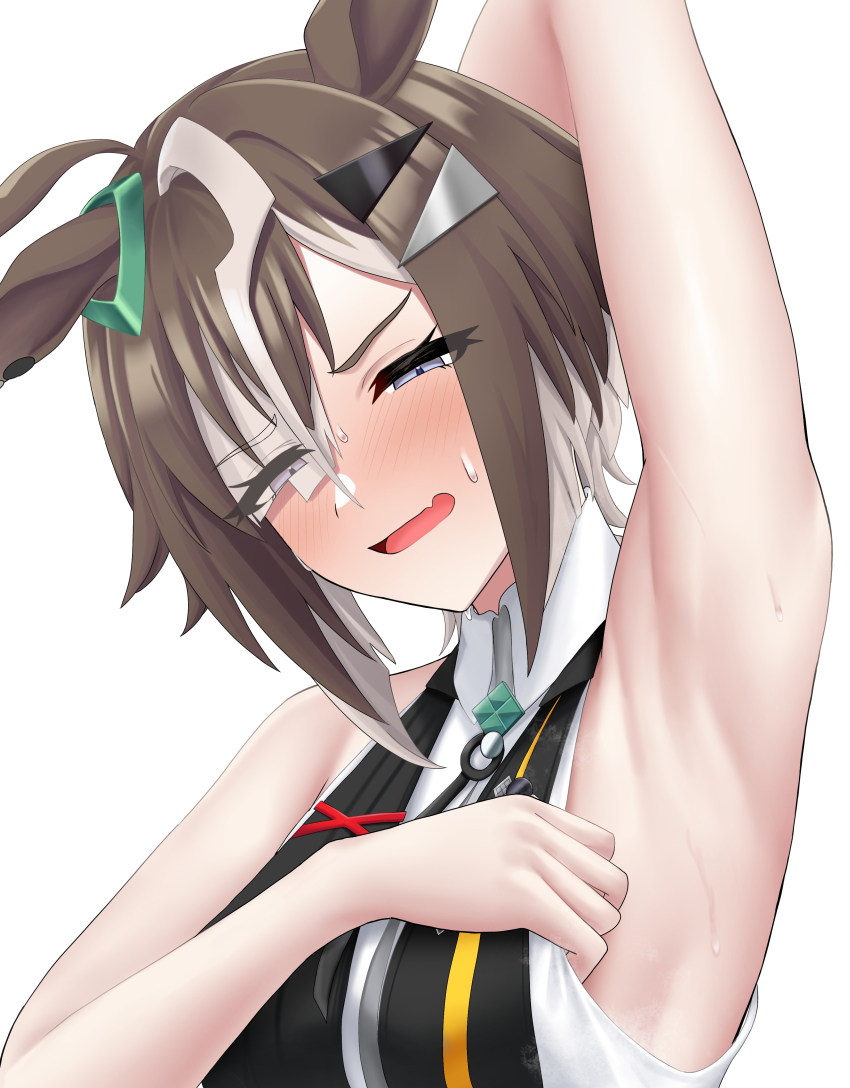 1girl, absurdres, ahoge, armpits, banba_(jakqbigone), black_shirt, blush, brown_hair, collared_shirt, commentary_request, ear_ornament, eyes_visible_through_hair, fang, grey_hair, hair_ornament, hair_over_one_eye, highres, multicolored_hair, open_mouth, portrait, presenting_armpit, purple_eyes, rulership_(umamusume), shirt, short_hair, simple_background, skin_fang, sleeveless, sleeveless_shirt, smile, speech_bubble, streaked_hair, sweat, umamusume, v-shaped_eyebrows, white_background