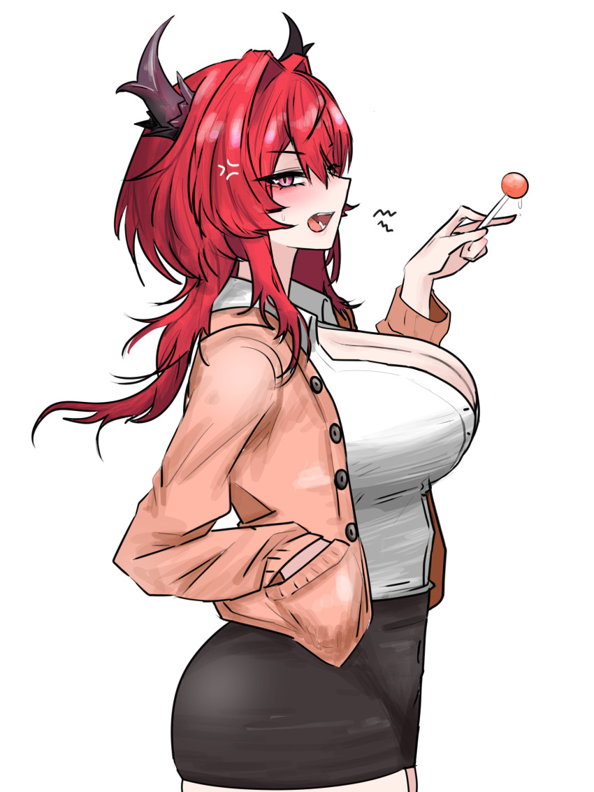 1girl, absurdres, alternate_costume, annoyed, arknights, black_horns, black_skirt, breasts