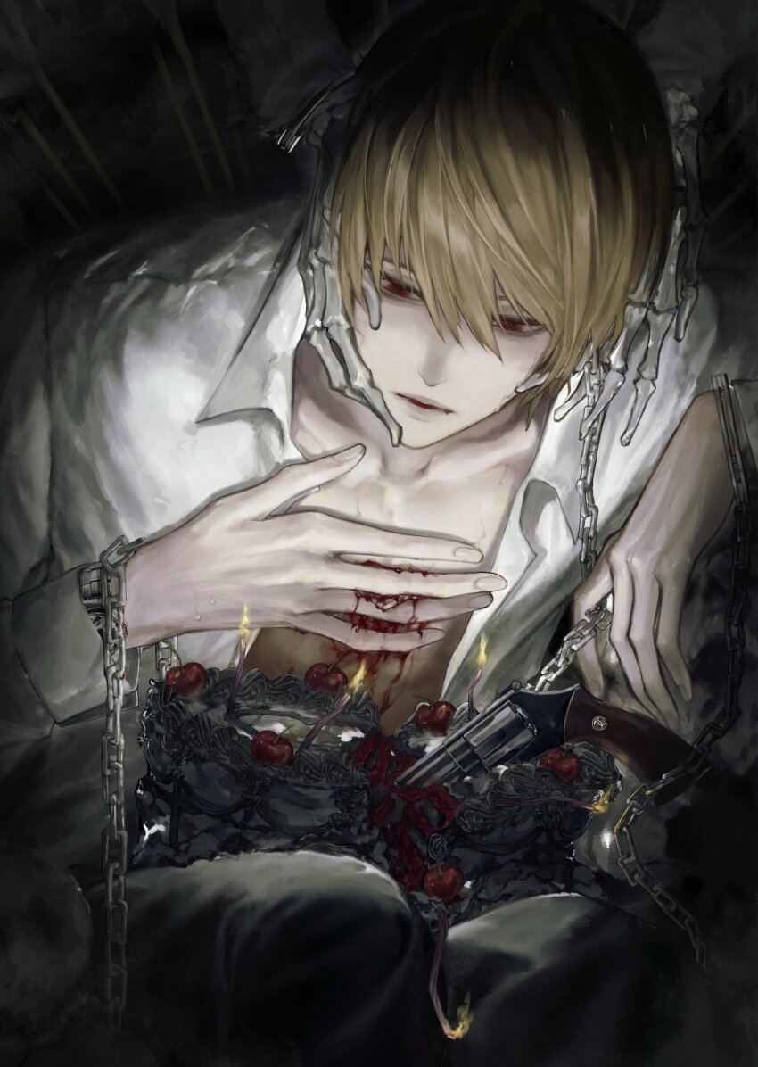 1boy, absurdres, black_background, black_pants, bleeding, blood, brown_hair, cake