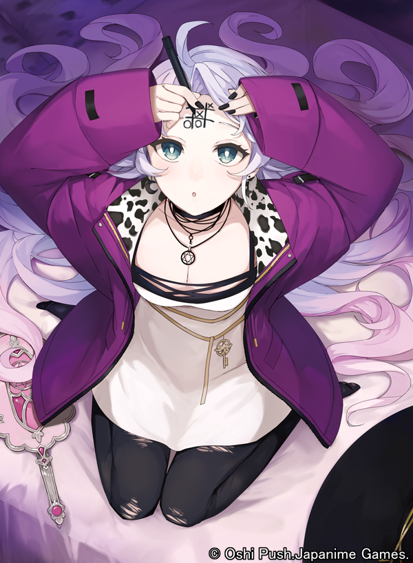 1girl, ahoge, black_pantyhose, blue_eyes, breasts, bright_pupils, cleavage, commentary_request, copyright_notice, drawing_on_own_face, dress, earrings, gradient_hair, grey_hair, hat, jewelry, kneeling, long_hair, multicolored_hair, necklace, pantyhose, pbwdouka, phase_connect, pink_hair, shisui_michiru, shisui_michiru_(michiru_1.0), solo, tic-tac-toe, torn_clothes, torn_pantyhose, unworn_hat, unworn_headwear, virtual_youtuber, white_dress, white_pupils, witch_hat