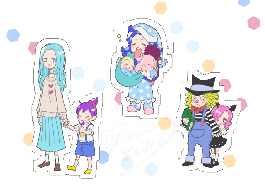 aged_down, black_skirt, blonde_hair, blue_eyes, blue_hair, blue_overalls, blue_pajamas, book