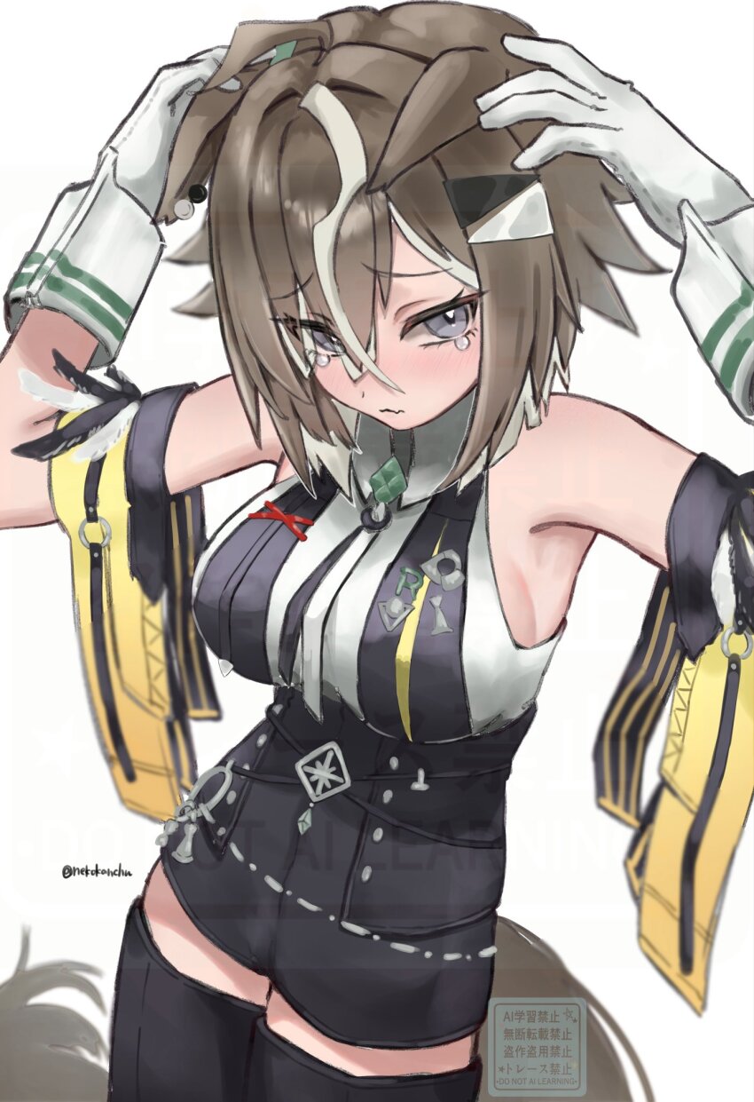 1girl, ahoge, animal_ears, black_boots, black_shirt, black_shorts, blush, boots