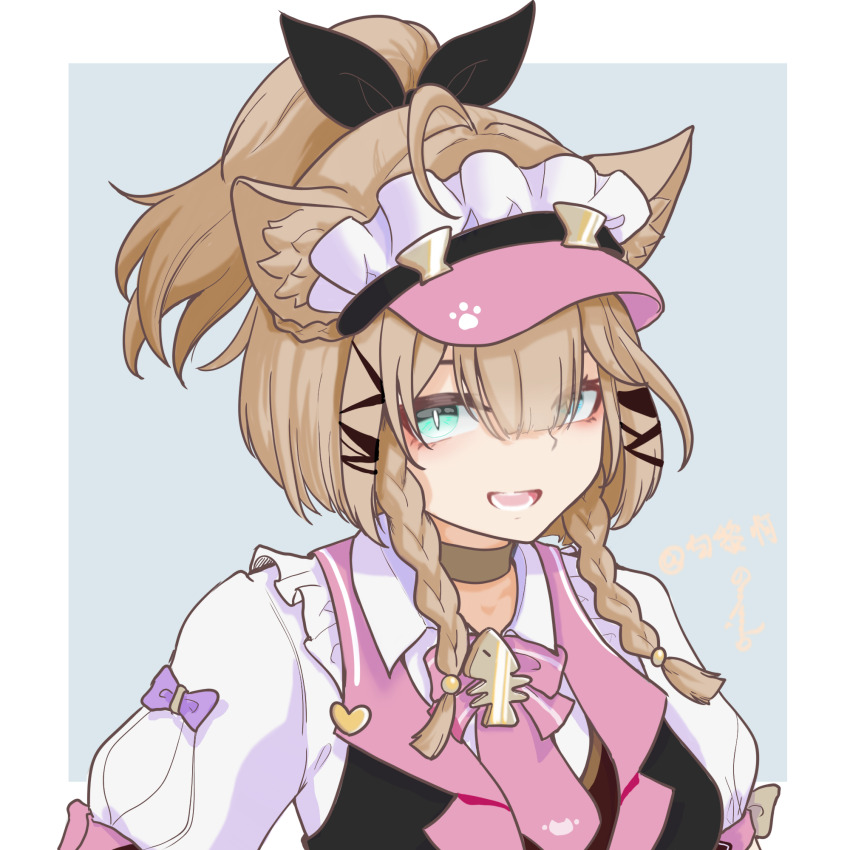 1girl, ahoge, animal_ears, baili_baigal, black_vest, blue_background, blue_eyes, blunt_bangs