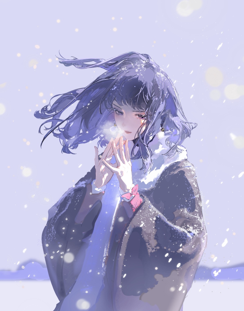 1girl, absurdres, black_hair, blue_eyes, blue_hair, blurry, blush, bow