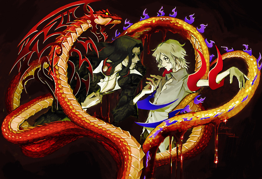 2boys, black_hair, blood, collared_shirt, dragon, facial_hair, grin, headphones