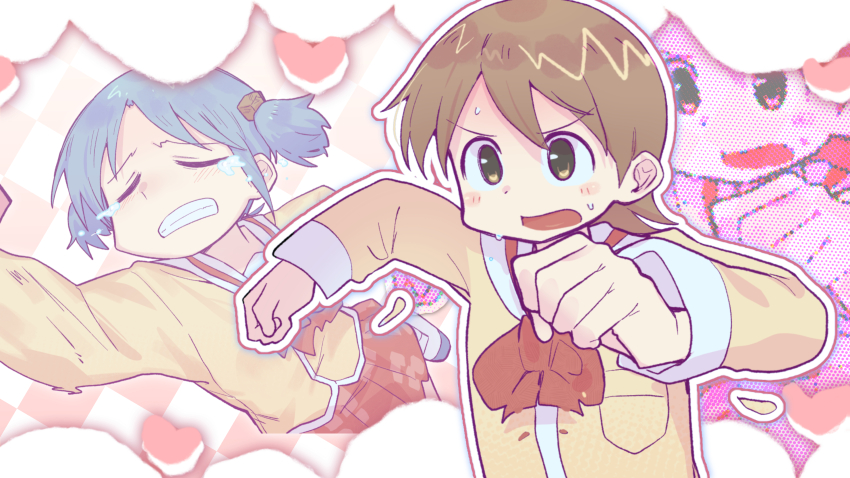 2girls, absurdres, aioi_yuuko, blue_hair, blush_stickers, bow, brown_eyes, brown_hair