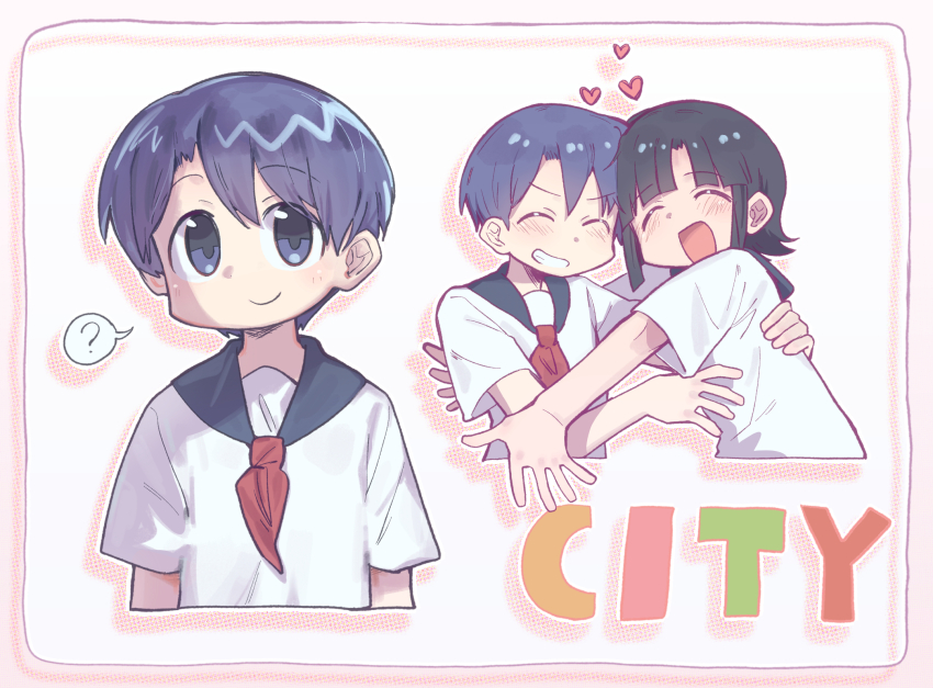 2girls, ?, amakazari_eri, black_hair, blue_hair, blue_sailor_collar, chinese_commentary, city_(arawi_keiichi)