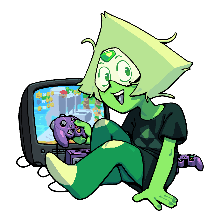 1girl, colored_skin, commentary, controller, crt, diamond-shaped_hair, discount-supervillain, english_commentary