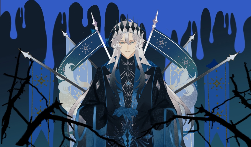 1boy, absurdres, aqua_eyes, black_coat, black_hair, black_shirt, blue_background, blue_cape