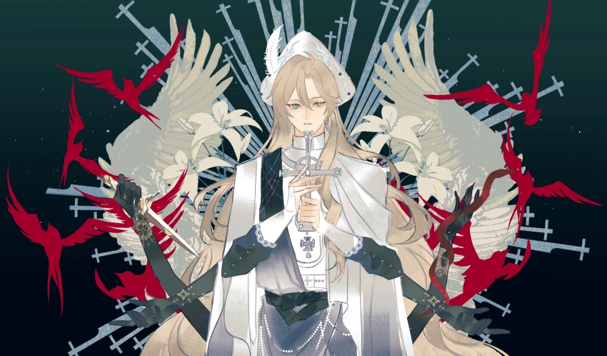 1boy, absurdres, ahoge, alkaid_mcgrath, alkaid_mcgrath_(god_forsaken_land), ancient_greek_clothes, angel_wings, bird