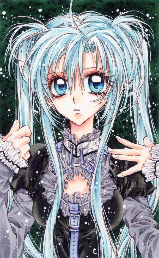 1girl, alternate_costume, alternate_hairstyle, blue_eyes, blue_hair, buckle, eyelashes, female_focus, frills, ion_(manga), matching_hair/eyes, official_art, retro_artstyle, solo, tanemura_arina, traditional_media, tsuburagi_ion, twintails