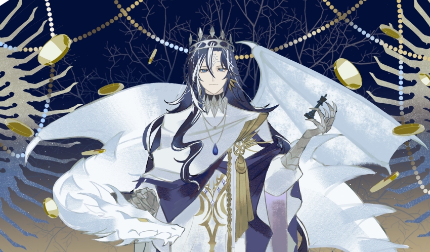 1boy, absurdres, aiguillette, bare_tree, beads, blue_background, blue_eyes, blue_hair