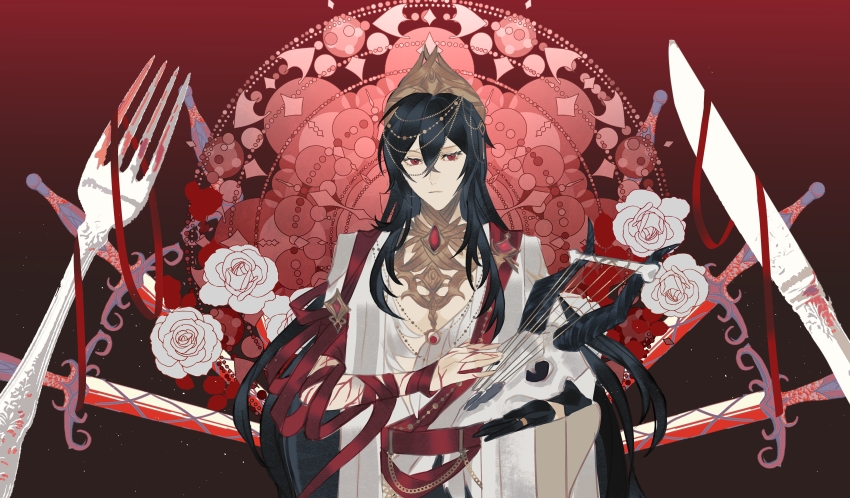 1boy, absurdres, animal_skull, arm_ribbon, ayn_alwyn, ayn_alwyn_(god_forsaken_land), belt, black_gloves