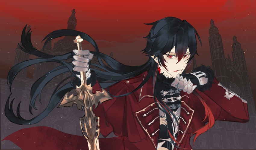 1boy, absurdres, ayn_alwyn, ayn_alwyn_(god_forsaken_land), black_gloves, black_hair, black_shirt, blood