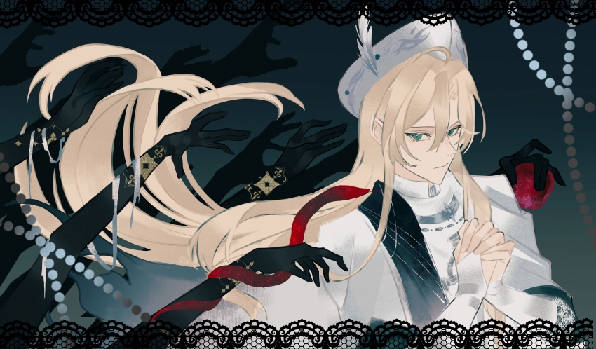 1boy, absurdres, alkaid_mcgrath, alkaid_mcgrath_(god_forsaken_land), apple, beads, black_border, black_sash