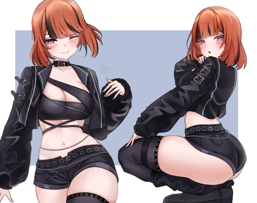 1girl, absurdres, ass, black_hair, black_jacket, black_shorts, breasts, cropped_jacket, ego_(takanashi_kiara), highres, hololive, hololive_english, jacket, large_breasts, midriff, multicolored_hair, multiple_views, navel, orange_hair, purple_eyes, short_hair, shorts, soup_(soupysoull), takanashi_kiara, two-tone_hair, virtual_youtuber