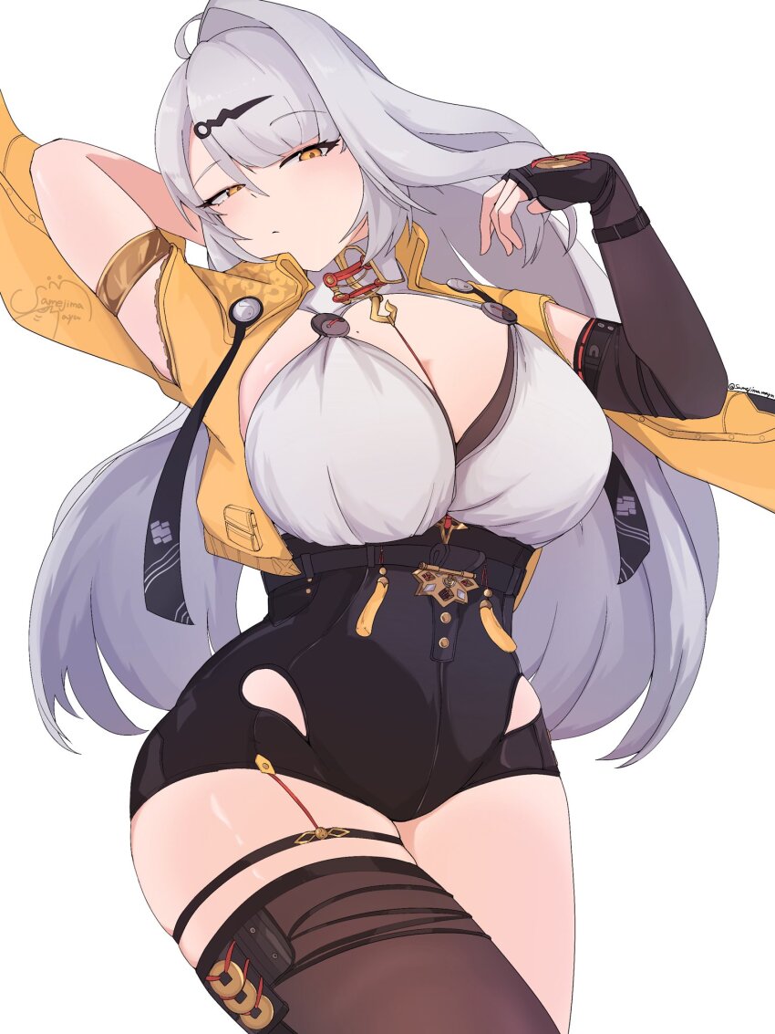 1girl, ahoge, armlet, black_gloves, black_shorts, breasts, brown_thighhighs, commentary_request