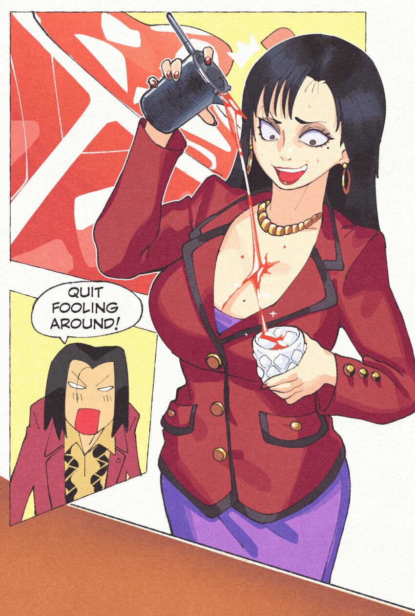 1boy, 1girl, arm_up, black_hair, breasts, cleavage, commentary, commission
