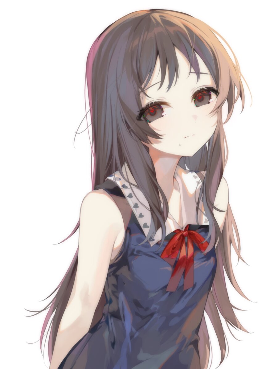 1girl, :|, aimi_(mimi_nii2), arms_at_sides, arms_behind_back, bare_arms, bare_shoulders, black_dress, bow, bowtie, breasts, brown_eyes, brown_hair, closed_mouth, collared_shirt, contrast_collar, dress, eyes_visible_through_hair, from_above, hashtag-only_commentary, highres, jujutsu_kaisen, long_hair, long_sidelocks, looking_at_viewer, looking_up, mole, mole_under_mouth, orimoto_rika, raised_inner_eyebrows, red_bow, red_bowtie, red_pupils, shirt, short_bangs, sidelighting, sidelocks, simple_background, sleeveless, sleeveless_dress, small_breasts, solo, standing, straight_hair, tareme, upper_body, very_long_hair, white_background