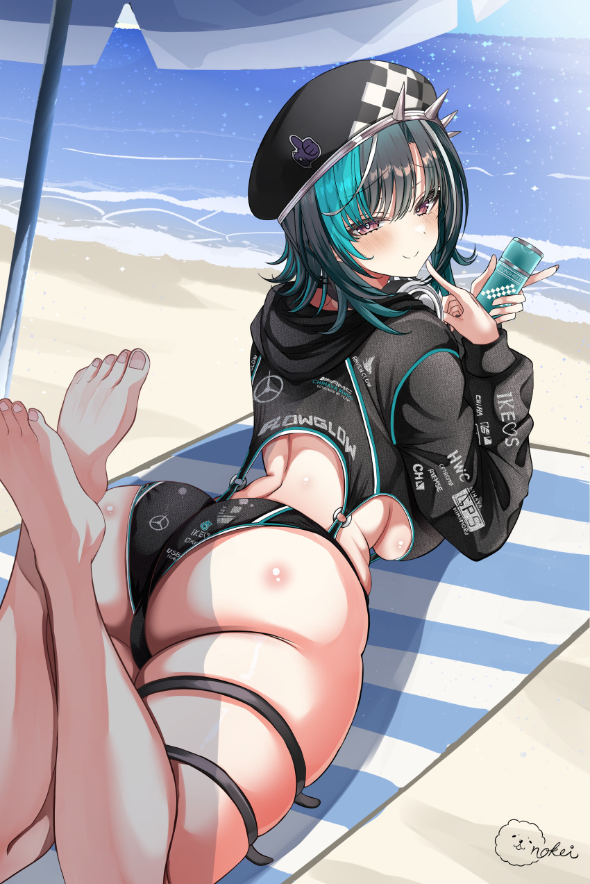 1girl, absurdres, aqua_hair, aqua_streaks, artist_logo, ass, back, barefoot