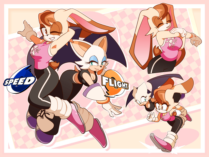 2girls, absurdres, alternate_costume, animal_ears, bat_girl, bat_wings, black_pants, black_sports_bra, blue_eyes, blue_eyeshadow, border, breasts, checkered_background, cleavage, commentary, elbow_gloves, english_commentary, english_text, eyeshadow, floral_print, gloves, grin, highres, large_breasts, looking_at_another, looking_at_viewer, makeup, multiple_girls, one_eye_closed, orange_eyes, orange_hair, pants, pink_shirt, pink_shoes, purple_shoes, rabbit_ears, rabbit_girl, rabbit_tail, rouge_the_bat, running, shirt, shoes, shoolmail, smile, sonic_(series), sports_bra, stretching, tail, vanilla_the_rabbit, white_border, white_fur, white_gloves, wings, yellow_background, yellow_fur