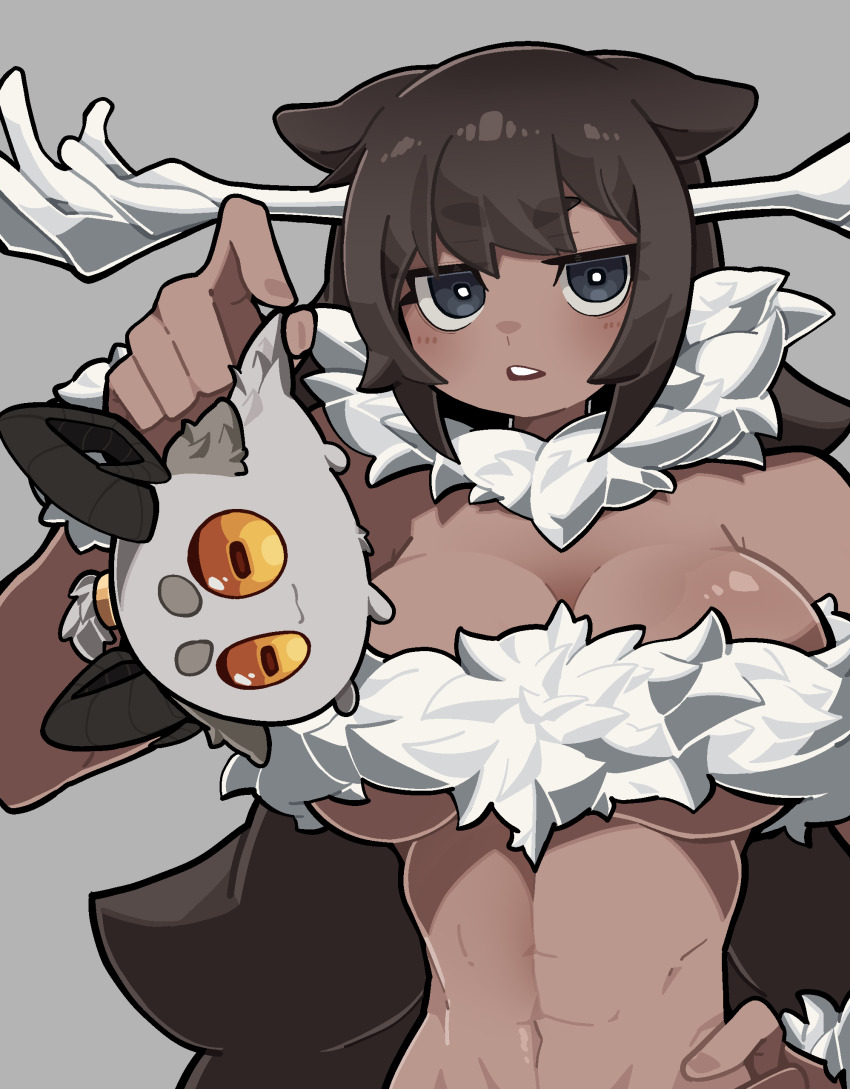 1girl, absurdres, animal_ears, animalization, antlers, bolt_(min_lona), breasts, bright_pupils