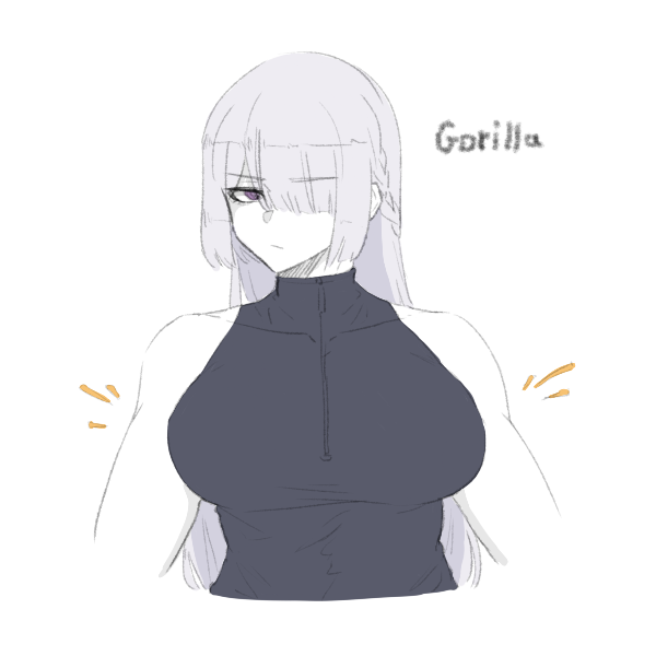 1girl, ak-15_(girls'_frontline), breasts, girls'_frontline, hair_over_one_eye, long_hair, muscular, muscular_female, purple_eyes, sleeveless, user074519, white_background, white_hair