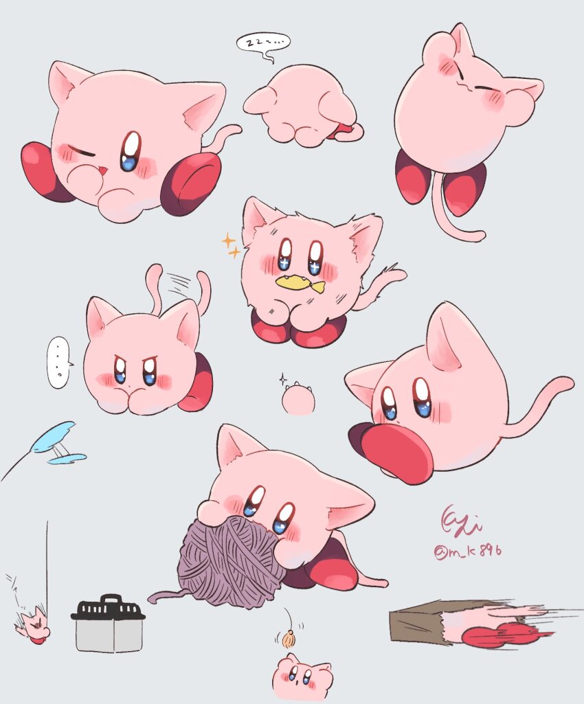 +_+, ..., :3, animal_ears, blue_eyes, blush, cat_ears, cat_tail, cat_teaser, closed_eyes, closed_mouth, commentary, fangs, fish, fish_in_mouth, grey_background, highres, kemonomimi_mode, kirby, kirby_(series), m_k896, multiple_views, nintendo, no_humans, open_mouth, simple_background, sparkle, spoken_ellipsis, tail, twitter_username, untranslatable_commentary, yarn, yarn_ball