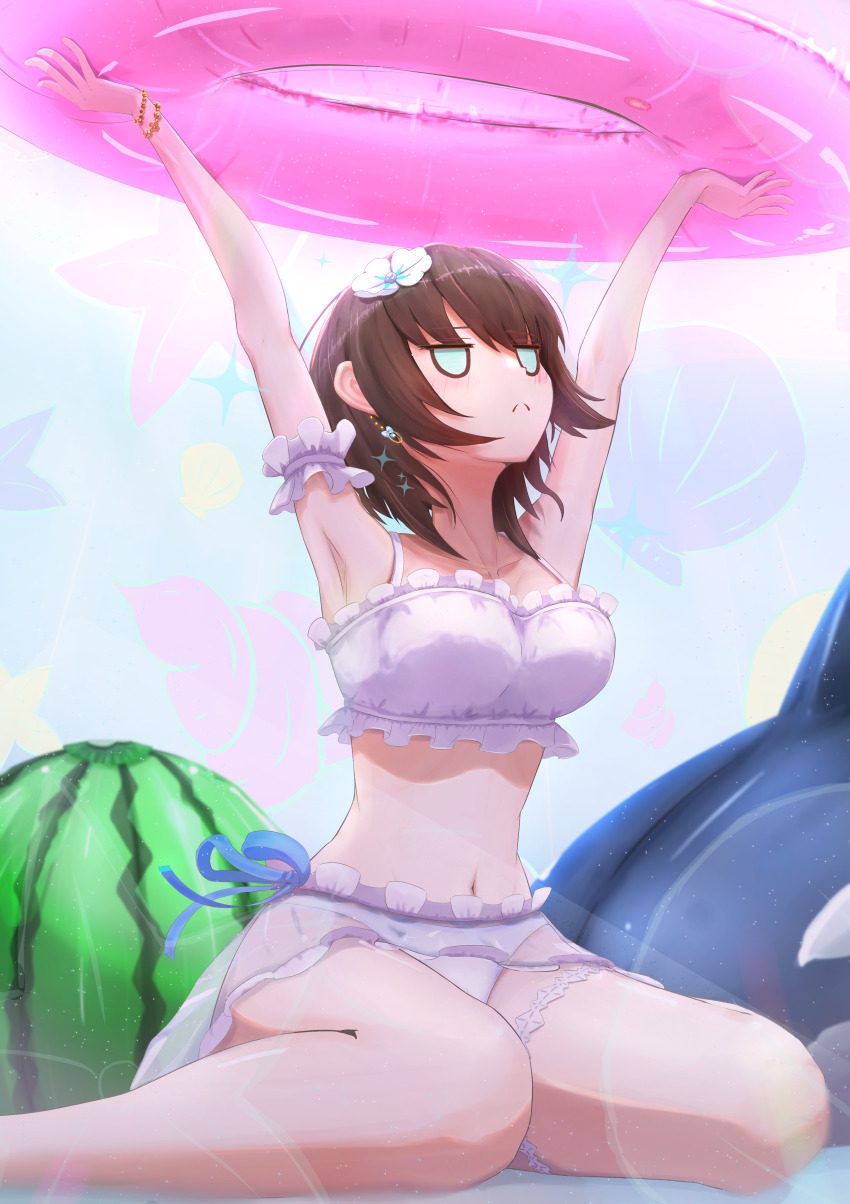 1girl, absurdres, aoi_erika, aoi_erika_(lightful_mermaid_vacation), aqua_eyes, armpits, arms_up, bikini