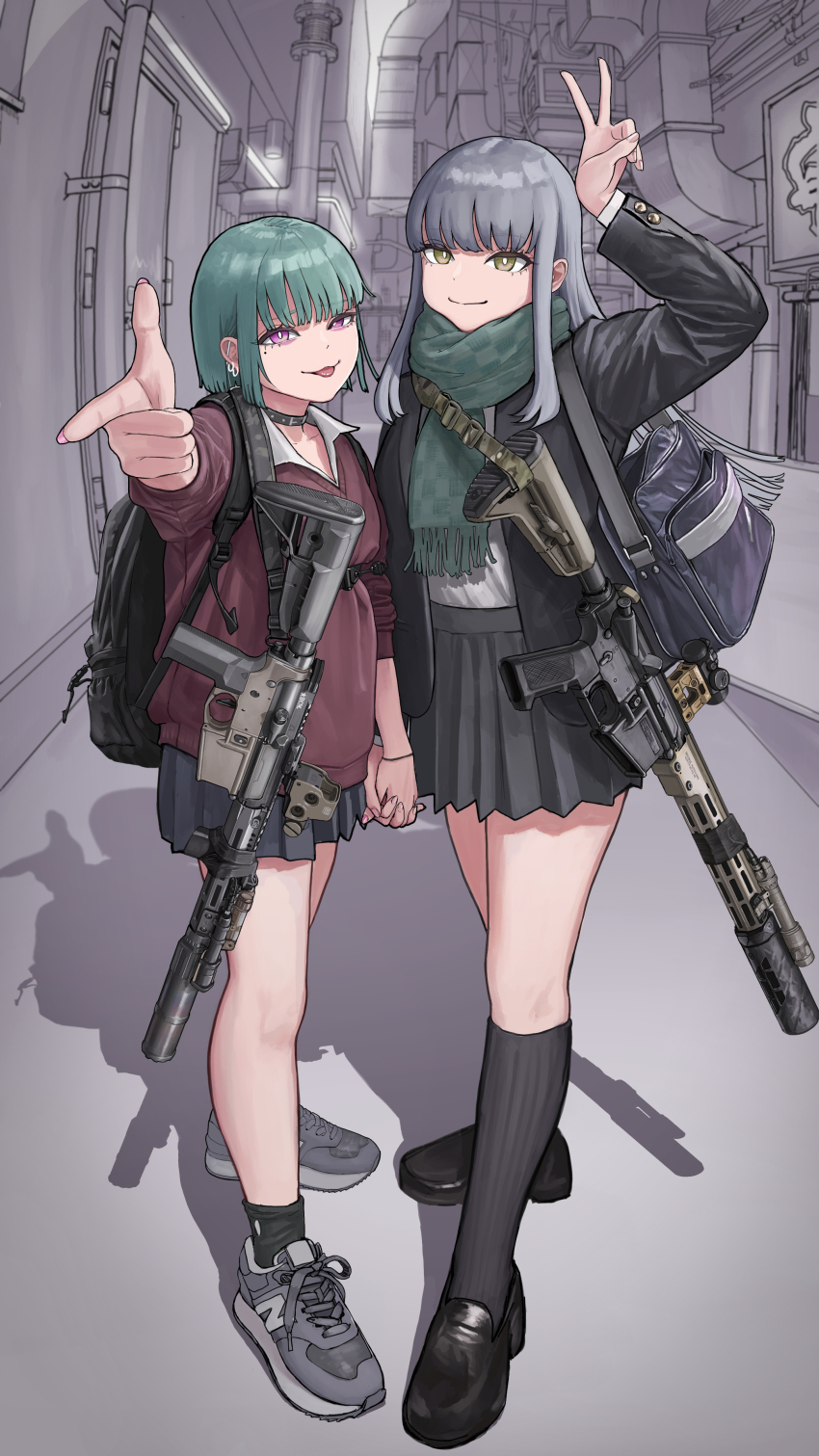 2girls, absurdres, ar-15, assault_rifle, backpack, bag, bcm_mcmr, black_bag