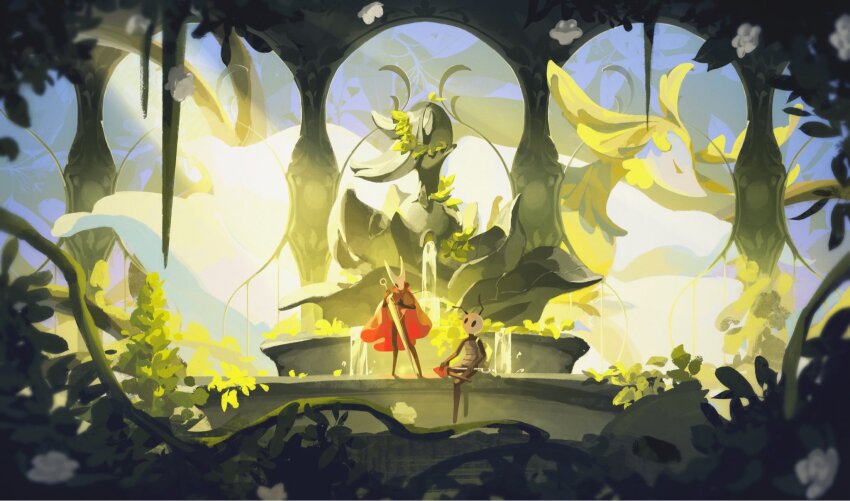 1boy, 2girls, antennae, arthropod_boy, arthropod_girl, black_eyes, black_skin, cloak