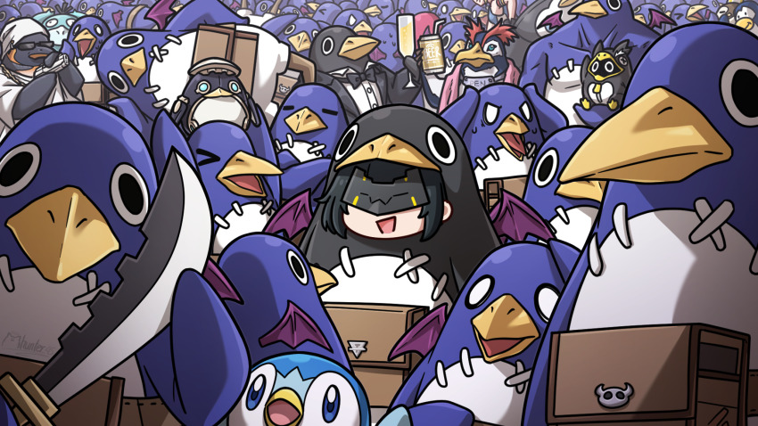 1girl, animal_costume, arknights, arknights:_endfield, bandana, bat_wings, bird, black_bow, black_bowtie, black_hair, black_mask, bow, bowtie, can, champagne_flute, character_request, club_penguin, commentary, crossover, cup, disgaea, drinking_glass, drinking_straw, emperor_(arknights), endministrator_(arknights), english_commentary, female_endministrator_(arknights), gen_1_pokemon, gen_4_pokemon, genshin_impact, granblue_fantasy, gun, highres, holding, holding_can, holding_cup, holding_gun, holding_sword, holding_weapon, looking_at_viewer, mhunter_45, neon_genesis_evangelion, nintendo, open_mouth, penguin, penguin_costume, penguinboo_(zenless_zone_zero), pengy_(granblue_fantasy), penpen, pers_(genshin_impact), pokemon, pokemon_(creature), prinny, prinplup, psyduck, shirt, species_connection, sunglasses, sword, tuxedo, weapon, white_shirt, wings, zenless_zone_zero