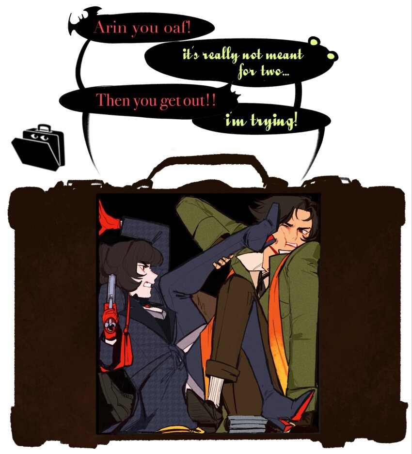 1girl, bag, black_hair, commentary, deadlock_(game), english_commentary, foot_on_another's_face, formal_clothes