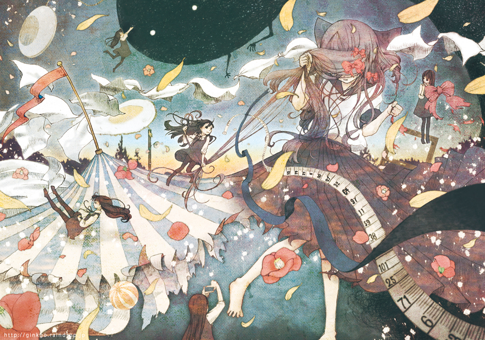 6+girls, animal_ears, bad_id, bad_pixiv_id, ball, barefoot, beachball, black_hair