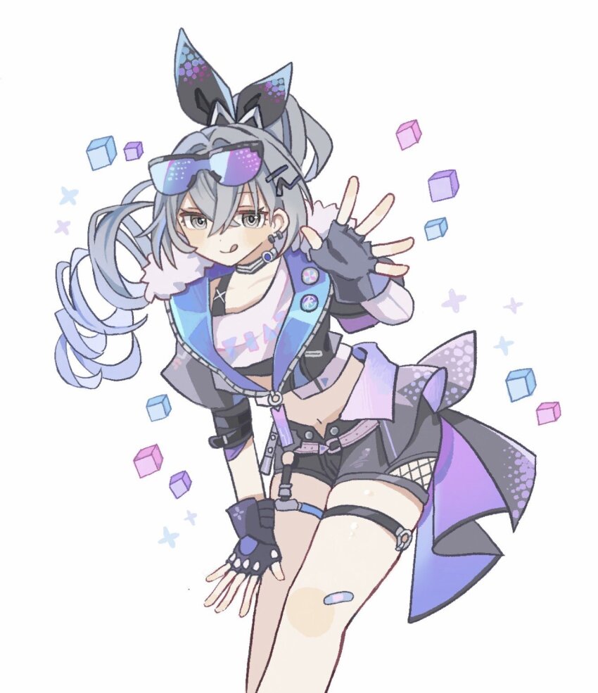 1girl, :q, black_gloves, black_shirt, black_shorts, blush, commentary_request, drill_hair