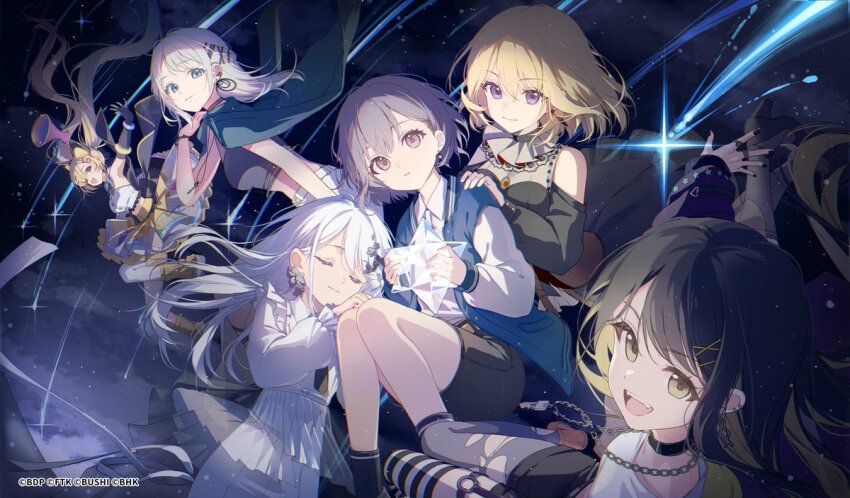 6+girls, animal_ears, bang_dream!, bang_dream!_our_notes, bare_shoulders, black_dress, black_necktie, bracelet