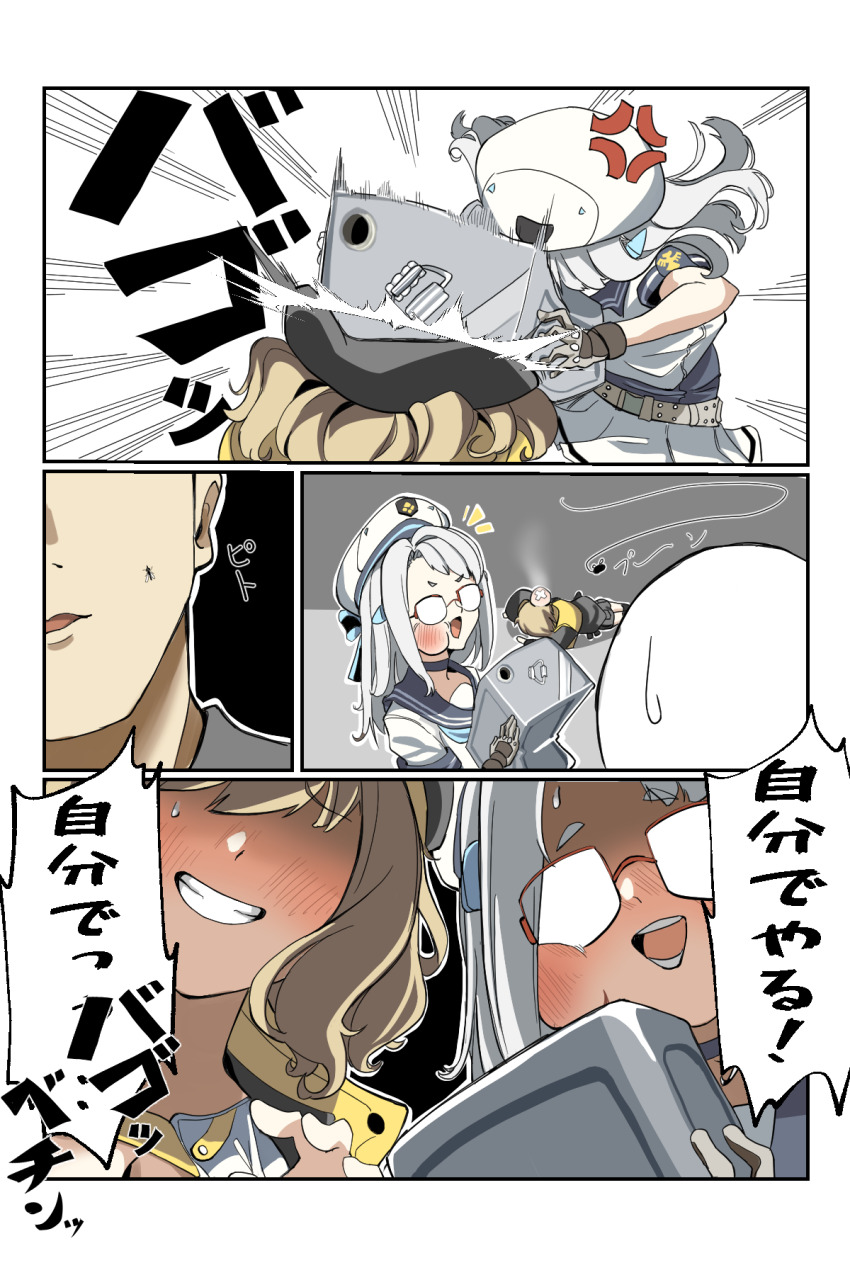 1girl, 2girls, anger_vein, anis_(nikke), artist_request, beret, blush, bonk