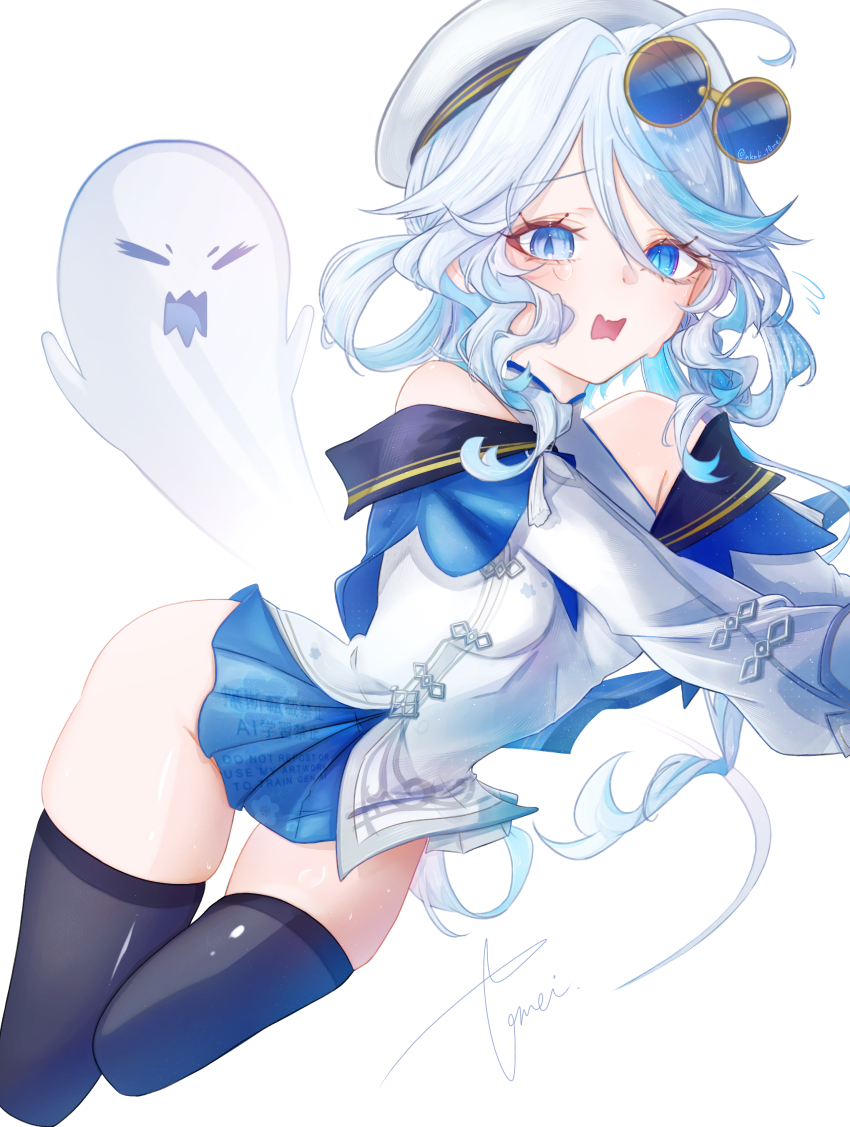 1girl, absurdres, ahoge, artist_name, bare_shoulders, black_thighhighs, blue-tinted_eyewear, blue_eyes