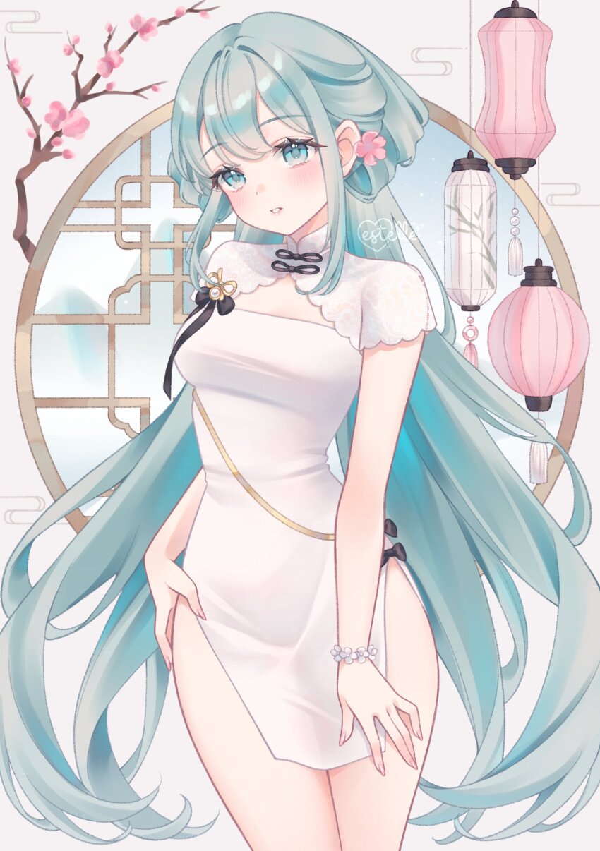 1girl, absurdres, aqua_eyes, aqua_hair, blue_eyes, blue_hair, blush, bracelet
