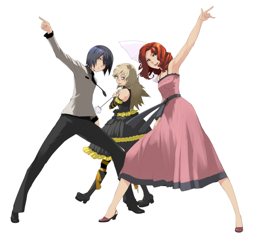 00s, 1boy, 2girls, baccano!, bags_under_eyes, blonde_hair, blue_eyes, blue_hair, boots, charon_walken, claudia_walken, dress, enami_katsumi, highres, illness_(baccano), multiple_girls, pointing, red_hair, simple_background, umbrella, yellow_eyes