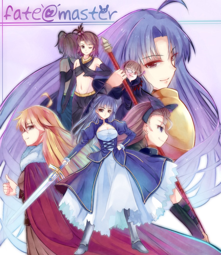 6+girls, adam19880119, ahoge, akizuki_ritsuko, armor, artoria_pendragon_(fate), assassin_(fate/zero), assassin_(fate/zero)_(cosplay), back, blonde_hair, blue_hair, bow, cosplay, criss-cross_halter, diarmuid_ua_duibhne_(fate), diarmuid_ua_duibhne_(lancer)_(fate), diarmuid_ua_duibhne_(lancer)_(fate)_(cosplay), dress, excalibur_(fate/stay_night), fate/stay_night, fate/zero, fate_(series), female_assassin_(fate/zero), futami_ami, futami_mami, gae_dearg_(fate), gilgamesh_(fate), gilgamesh_(fate)_(cosplay), gilles_de_rais_(caster)_(fate), gilles_de_rais_(caster)_(fate)_(cosplay), gilles_de_rais_(fate), glasses, hair_bow, halterneck, highres, hoshii_miki, idolmaster, idolmaster_(classic), iskandar_(fate), kisaragi_chihaya, medea_(caster)_(fate), medea_(fate), medea_(fate)_(cosplay), minase_iori, miura_azusa, multiple_girls, one_eye_closed, parody, polearm, rider_(fate/zero)_(cosplay), saber_(fate), saber_(fate)_(cosplay), season_connection, siblings, sisters, spear, standing, sword, twins, weapon