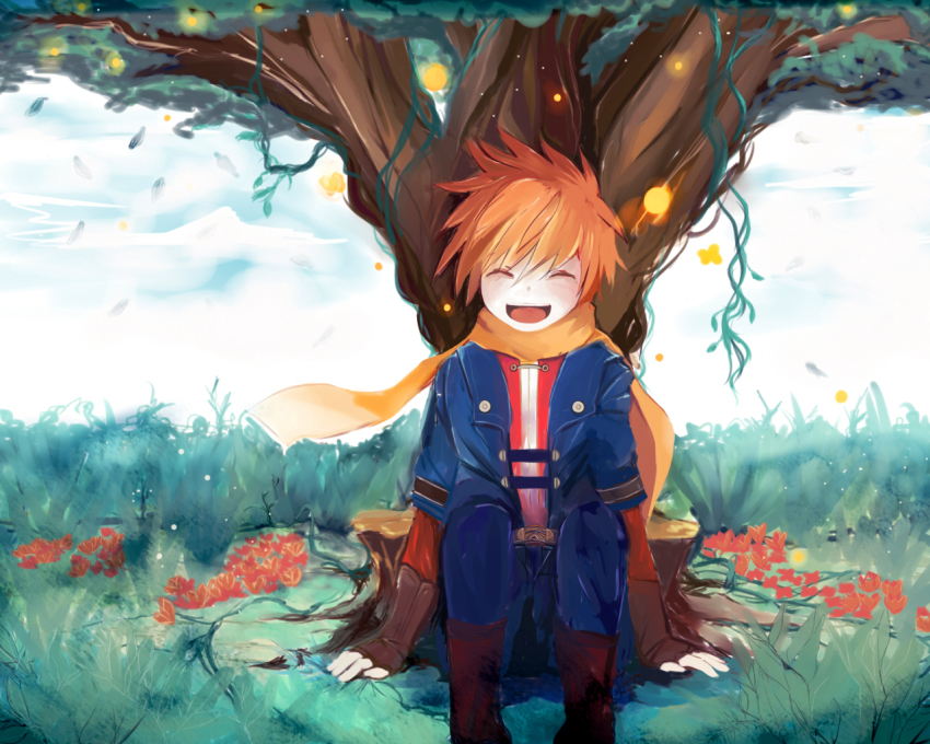 1boy, blonde_hair, closed_eyes, flower, golden_sun, golden_sun:_dark_dawn, ikian, male_focus, matthew_(golden_sun), nature, outdoors, plant, scarf, sky, smile, solo, spiked_hair, tree