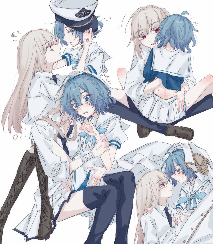 2girls, aquarium_wa_odoranai, black_necktie, black_thighhighs, blue_eyes, blue_hair, blush, brown_hair