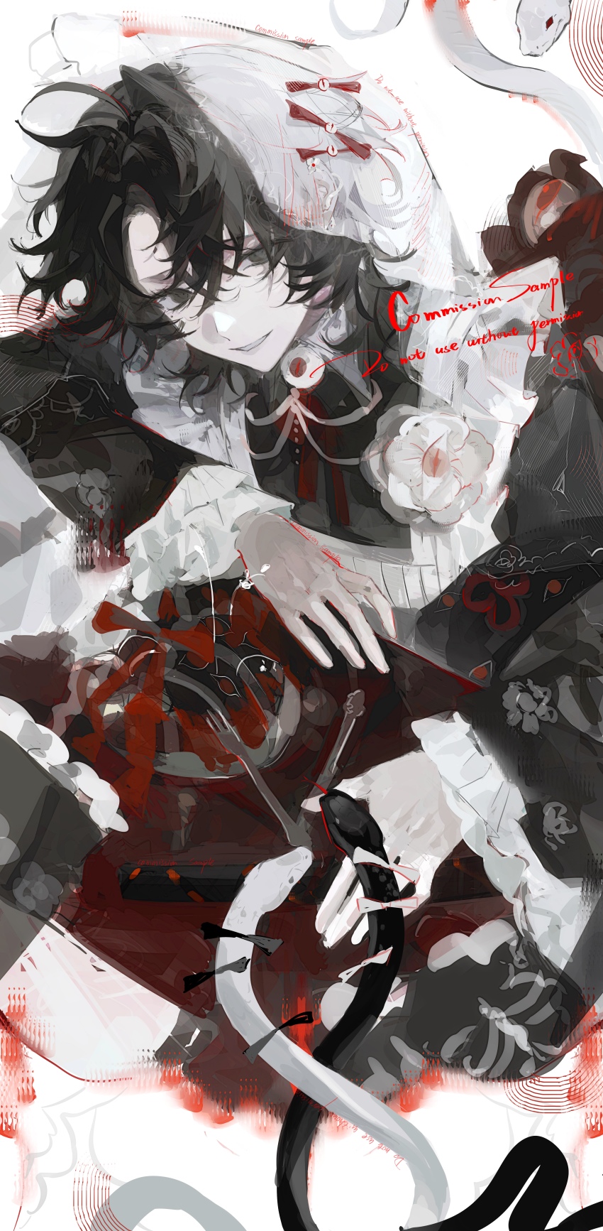 1boy, absurdres, animal, black_hair, black_snake, boutonniere, colored_skin, commission