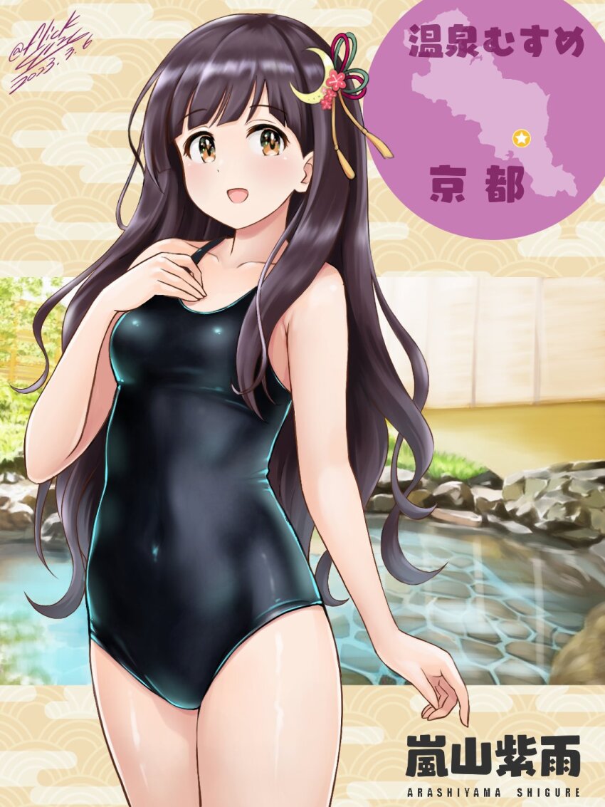 1girl, arashiyama_shigure, black_hair, black_one-piece_swimsuit, blunt_bangs, breasts, brown_eyes, commentary_request, covered_navel, cowboy_shot, crescent, crescent_hair_ornament, dated, flick_(sal23), hair_ornament, hand_on_own_chest, highres, kyoto, long_hair, medium_breasts, new_school_swimsuit, one-piece_swimsuit, onsen_musume, onsent, school_swimsuit, signature, solo, standing, swimsuit