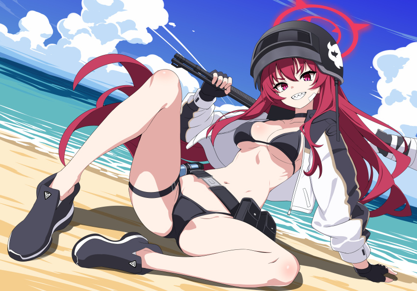 1girl, absurdres, altyn_helmet, bandage_on_cheek, beach, belt, belt_pouch, bikini, black_bikini, black_choker, black_gloves, black_helmet, black_jacket, black_shoes, blue_archive, blue_sky, breasts, choker, cloud, combat_helmet, commentary_request, cropped_jacket, day, fingerless_gloves, full_body, gloves, grin, gun, halo, helmet, highres, holding_behind_neck, holding_gun_barrel, jacket, legs_apart, long_hair, looking_at_viewer, medium_breasts, mossberg_590, multicolored_jacket, navel, ocean, official_alternate_costume, on_ground, open_clothes, open_jacket, outdoors, pouch, pump_action, rabu_(blue_archive), rabu_(swimsuit)_(blue_archive), red_eyes, red_hair, red_halo, sand, sharp_teeth, shoes, shotgun, sitting, sky, smile, solo, stomach, swimsuit, teeth, thigh_belt, thigh_strap, two-tone_jacket, weapon, white_jacket, yukari_(mzzu7342)