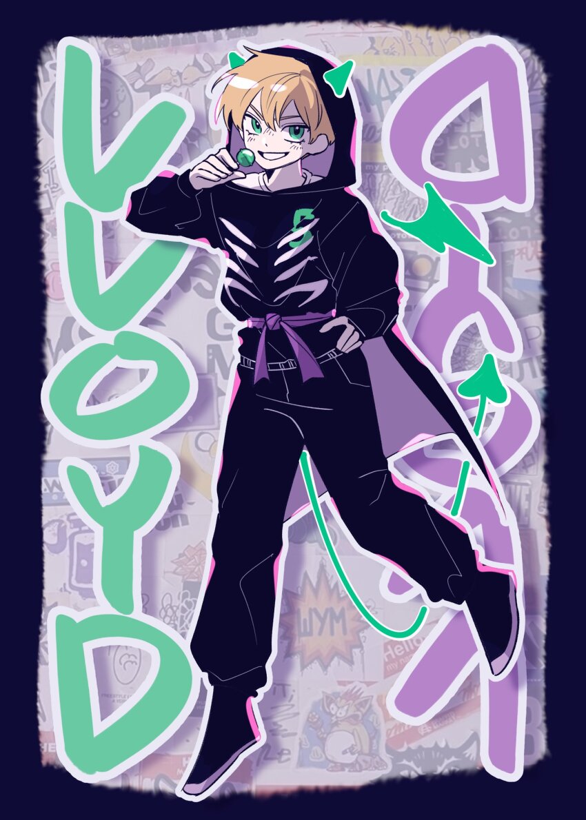 1boy, animification, belt, black_cape, black_hoodie, blonde_hair, blush, candy