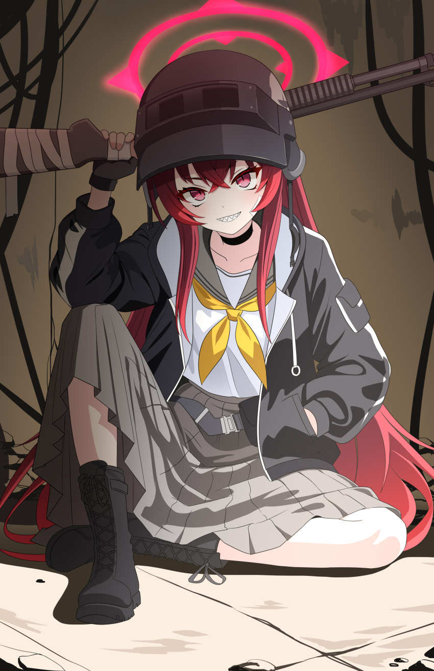 1girl, absurdres, altyn_helmet, bandage_on_cheek, belt, black_choker, black_gloves, black_helmet