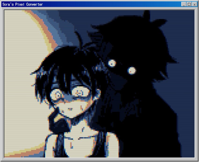 2boys, antenna_hair, black_hair, black_shirt, black_skin, black_sweater_vest, black_tank_top, closed_mouth, collarbone, collared_shirt, colored_skin, double-parted_bangs, germany_omori, hair_between_eyes, looking_at_another, male_focus, multiple_boys, omori, omori_(omori), pixel_art, shirt, short_hair, sora's_pixel_converter, stranger_(omori), sweat, sweater_vest, tank_top, white_eyes, white_skin